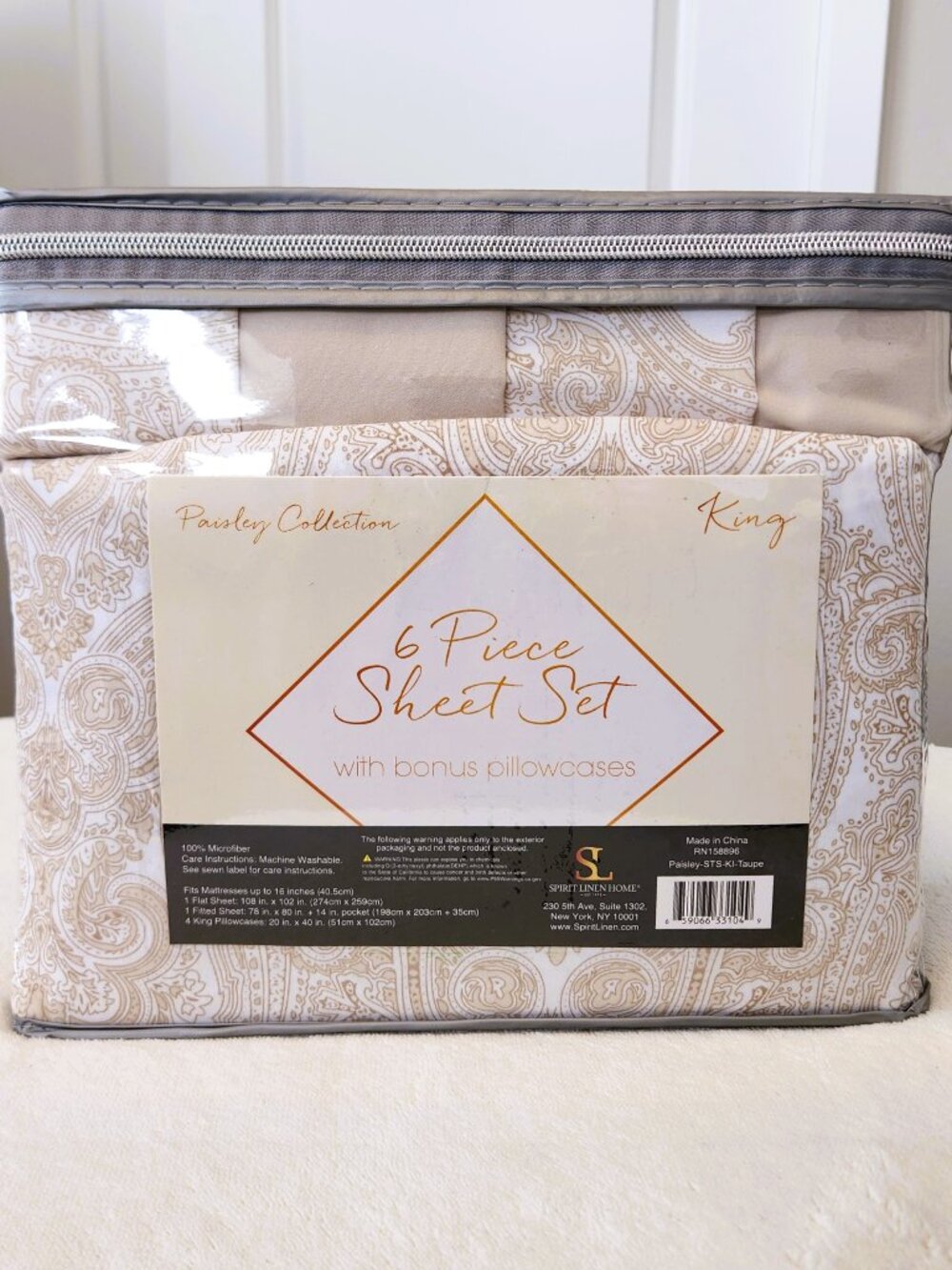 NWT Spirit Linen Home King 6-Pc Paisley Sheet Set Taupe Deep Pocket